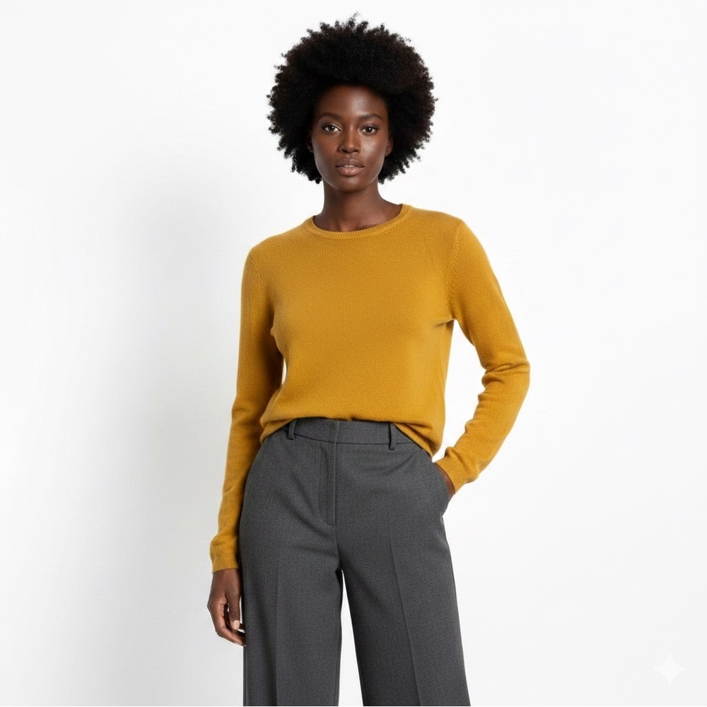 Tahari NEW Cashmere Knit Sweater Mustard Yellow Crew Top XL Minimalist Soft Cozy